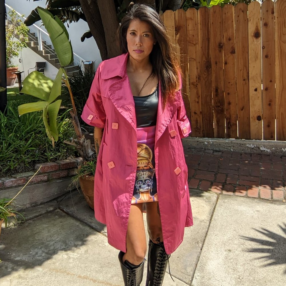 Vintage 1980s Hot Pink Short-Sleeved Trench Coat, Small / Medium